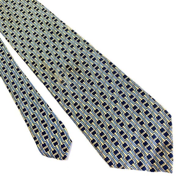 Paolo Gucci Blue Yellow Silk Tie Woven‎ Geometric "Chain" Print - Picture 1 of 7